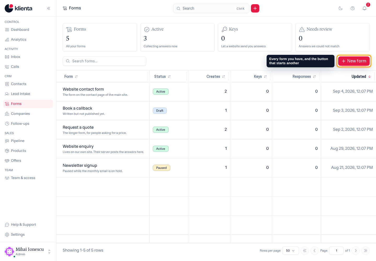 The Forms page with the New form button highlighted.