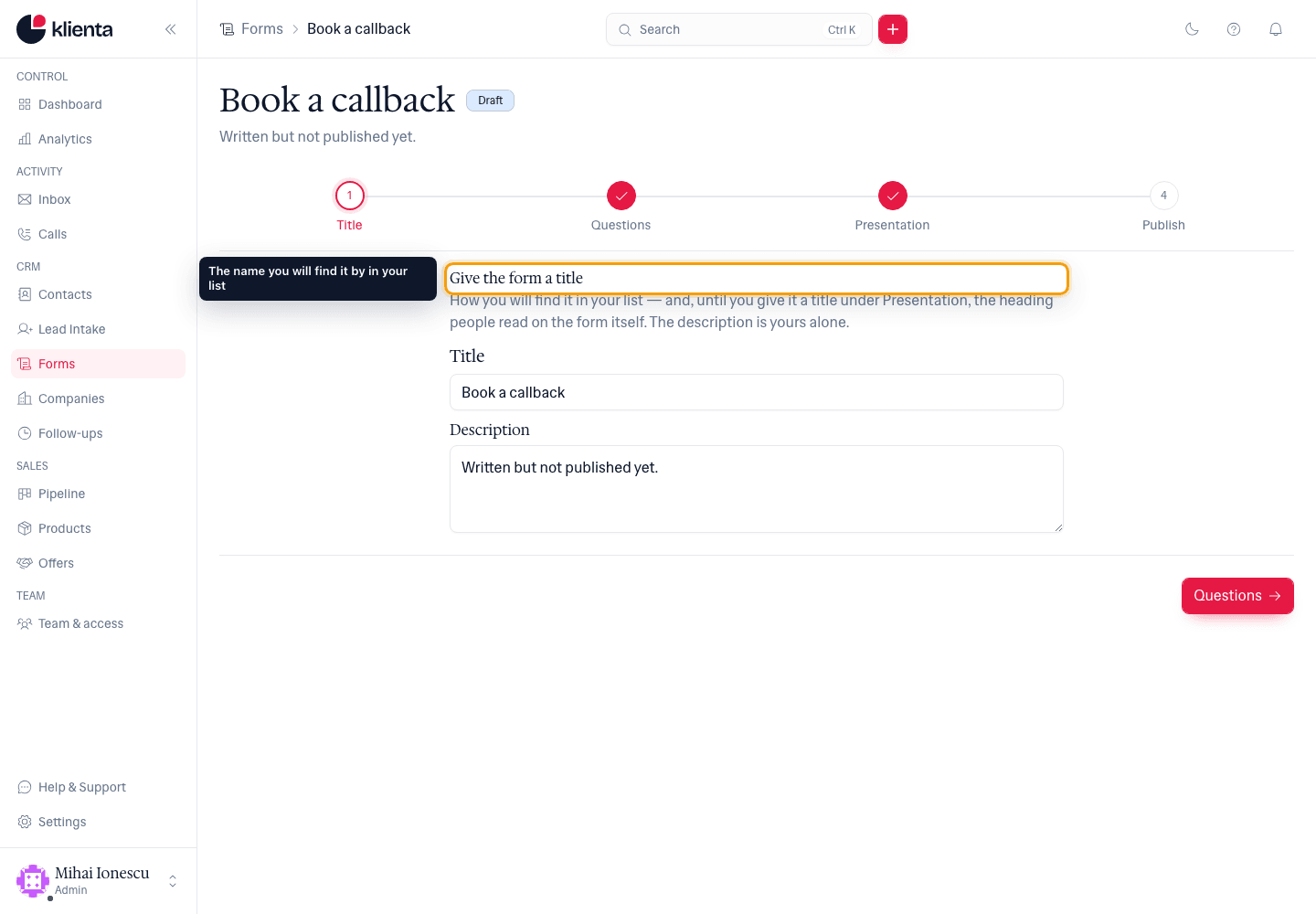 The Title step with the title and description fields.