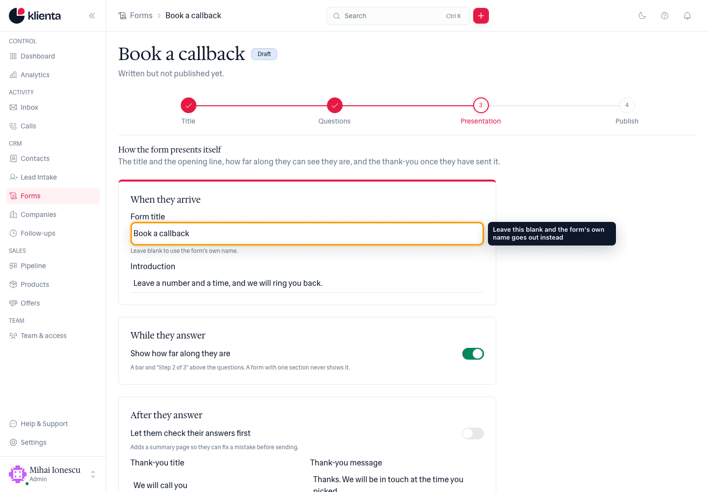 The Presentation step with the Form title field highlighted and the note that leaving it blank uses the form's own name.