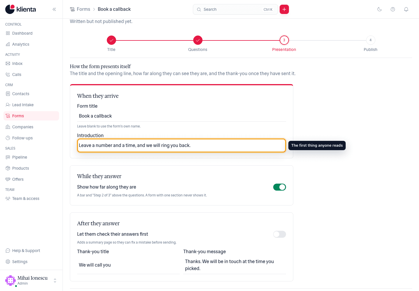 The Presentation step with the introduction field highlighted.
