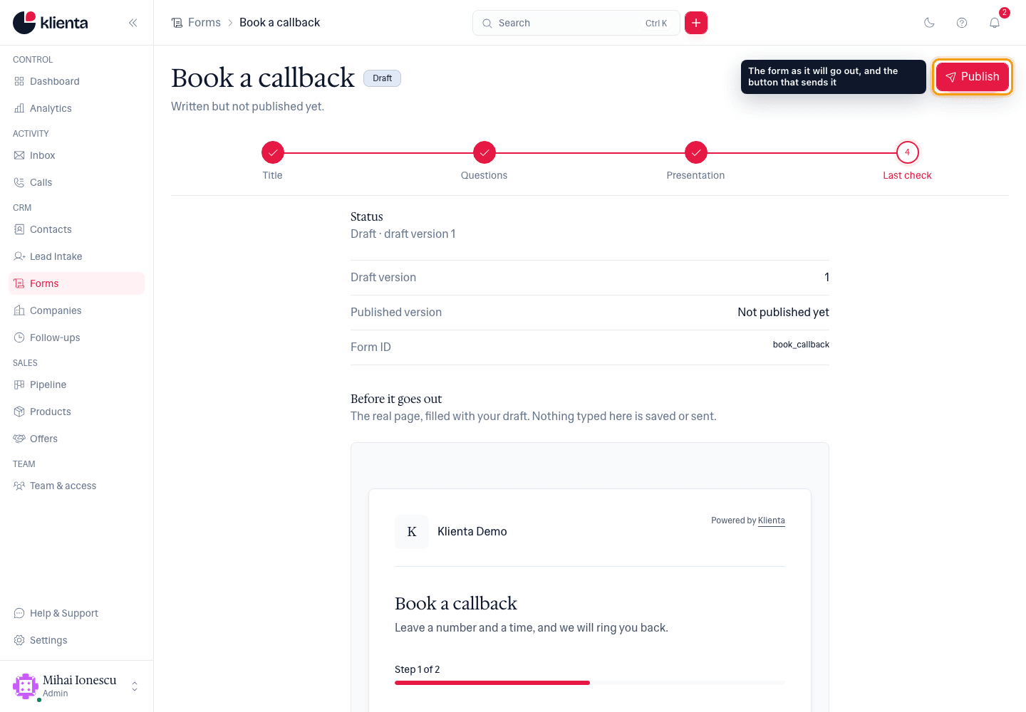 The Last check step showing the form preview, with the Publish button highlighted.