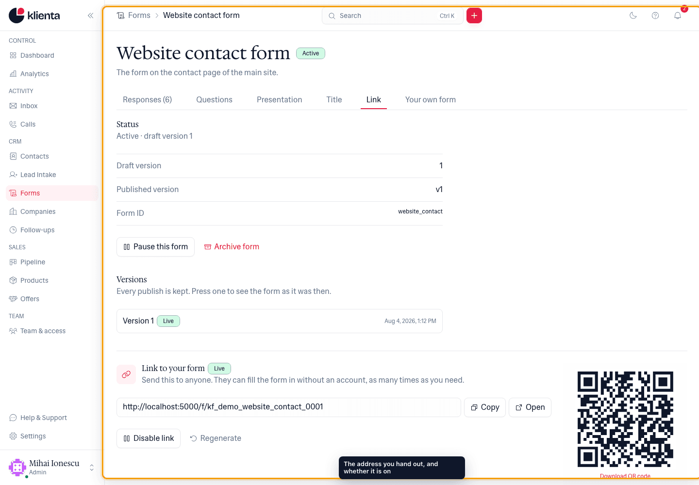 The Link page showing the public address, Copy and Open buttons, and a QR code.