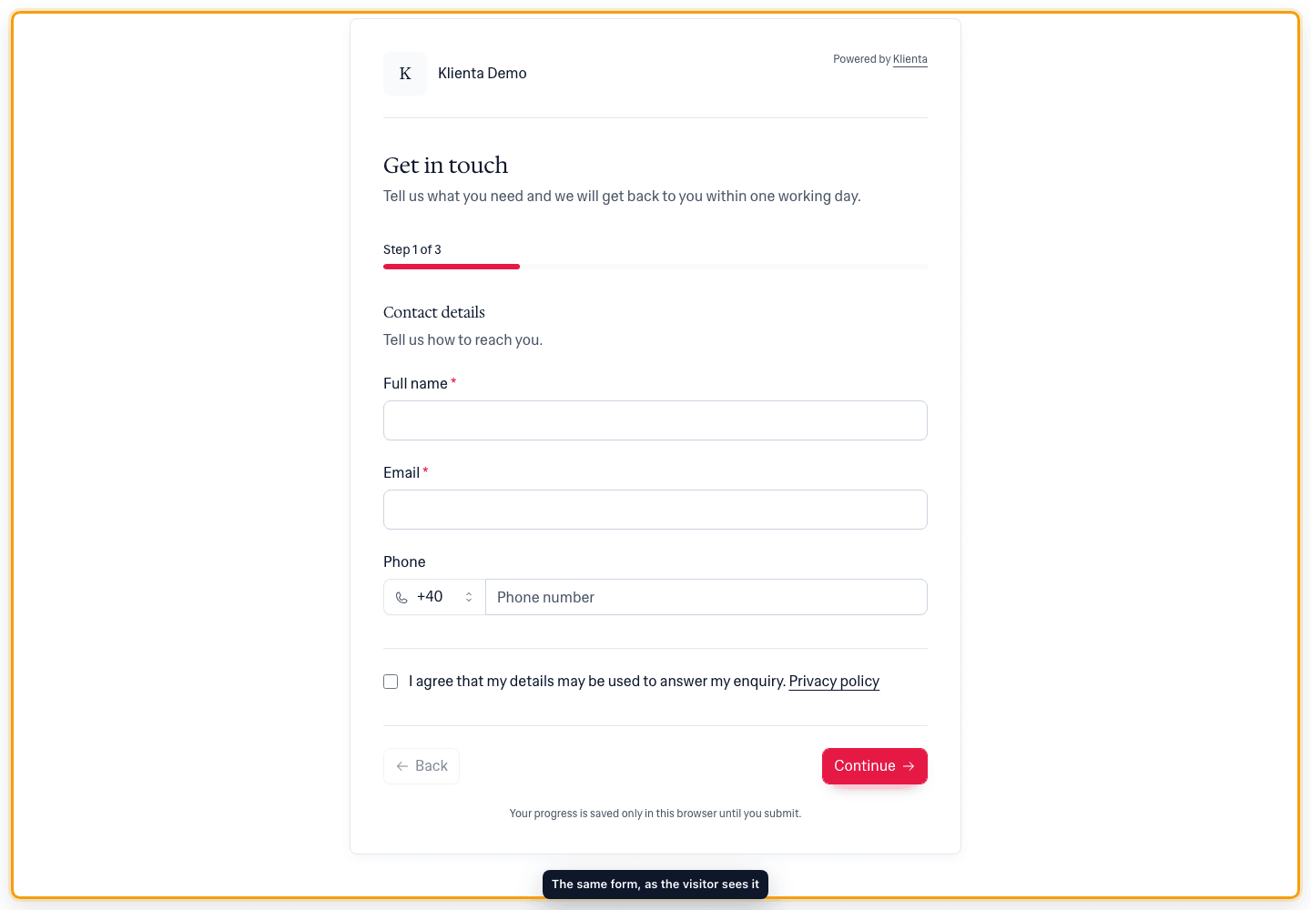 The published form open in a browser as a member of the public sees it.