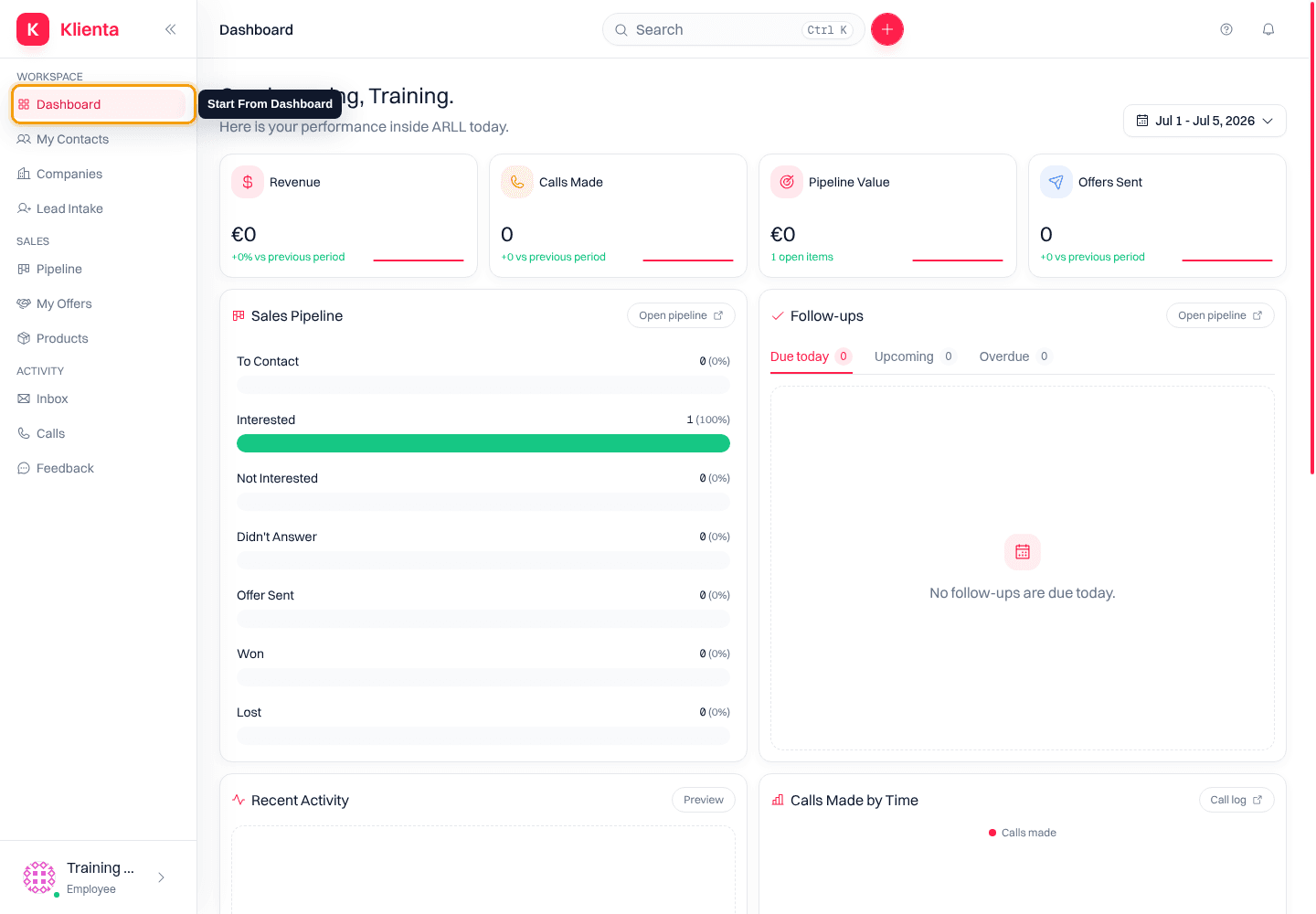 Klienta Dashboard with the Dashboard sidebar item highlighted.