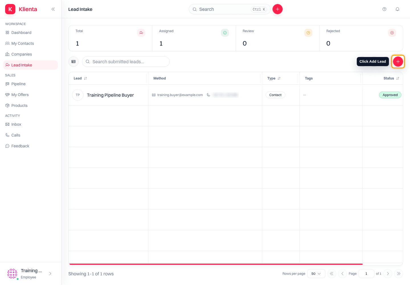 Lead Intake page with the Add lead button highlighted.