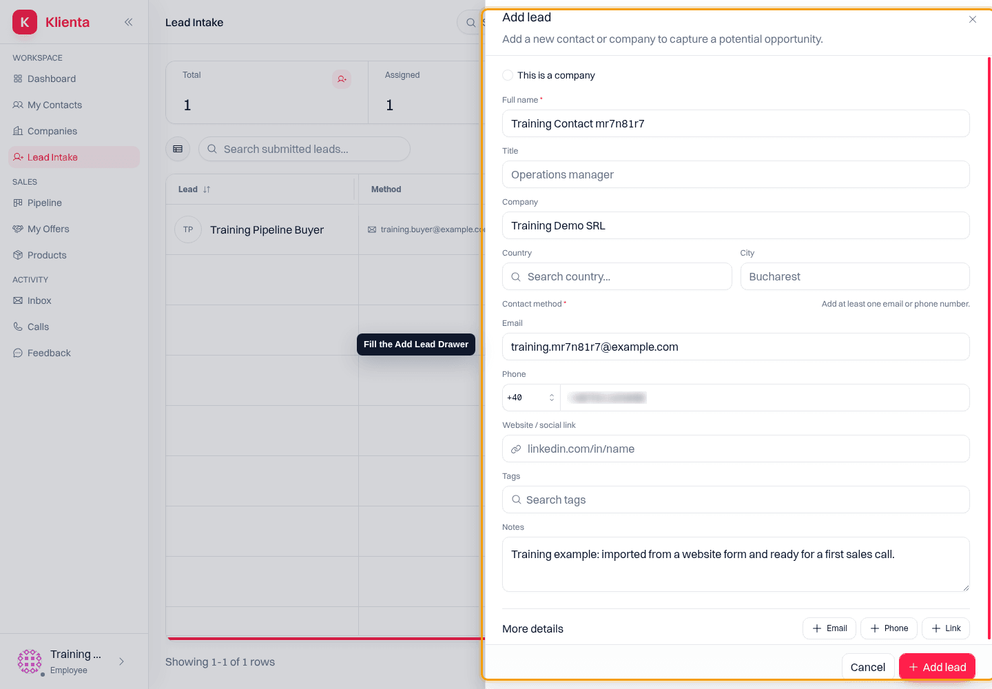 Add Lead drawer with sample contact information filled in.