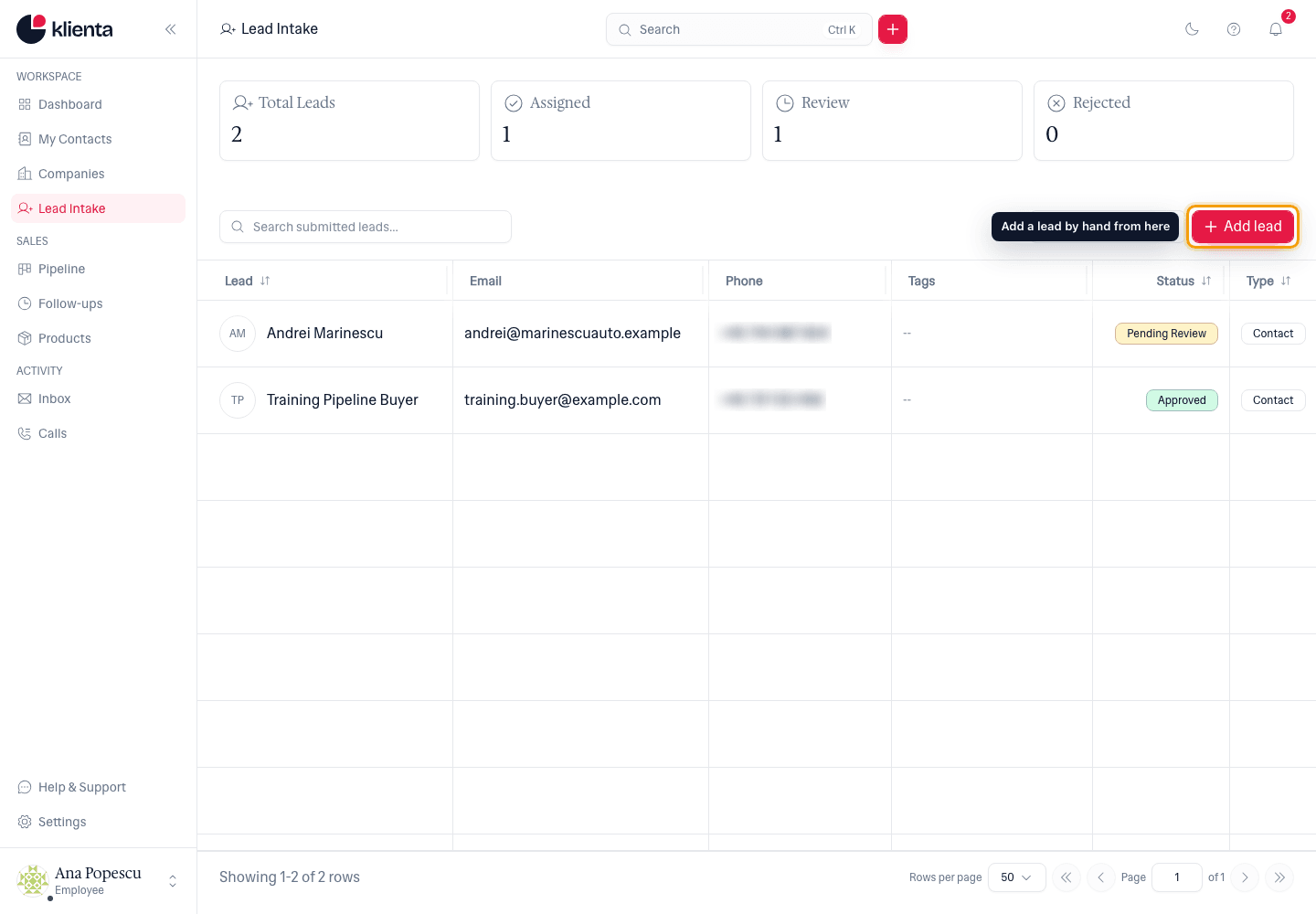 Lead Intake page with the add lead button highlighted.