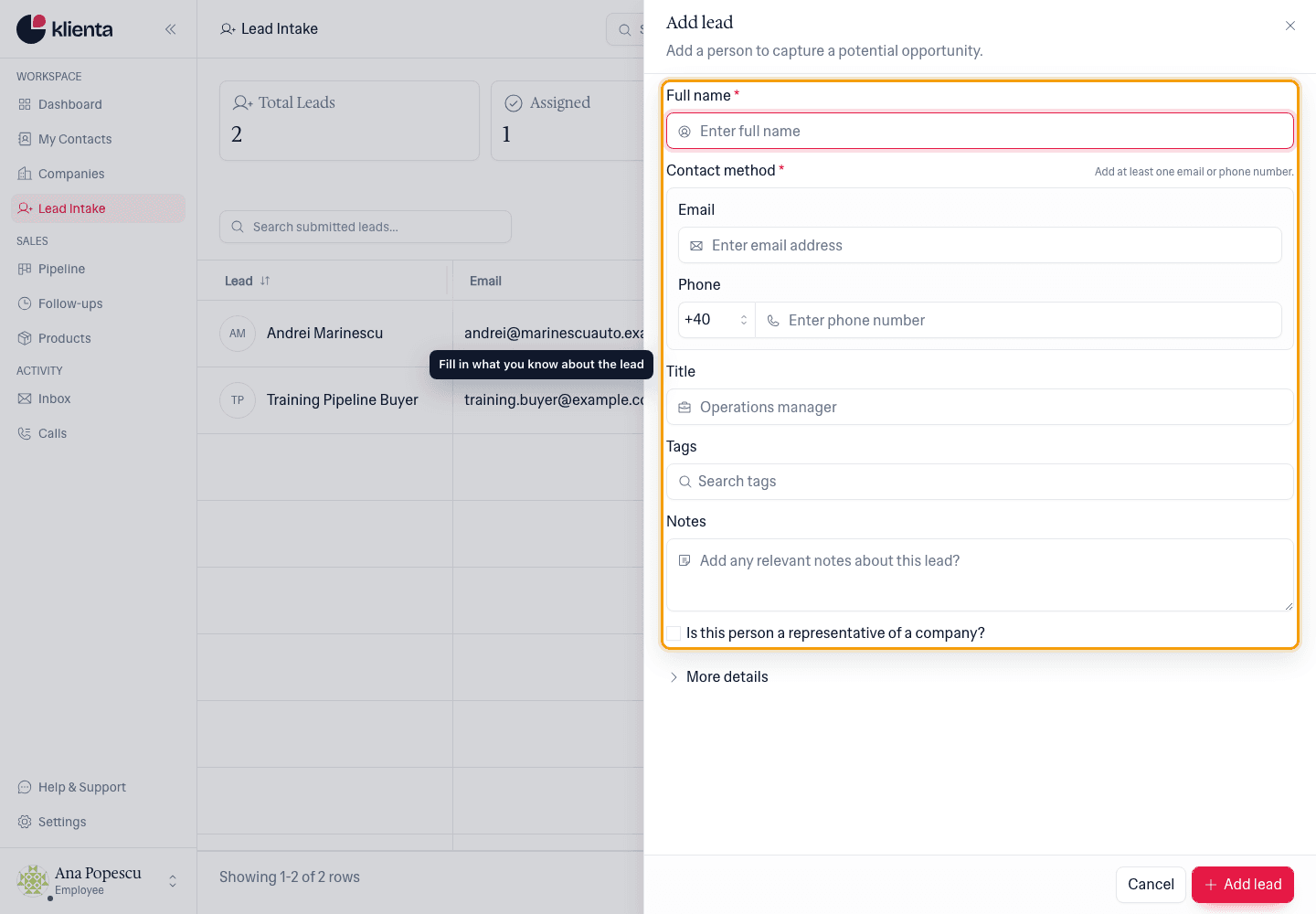 Add lead form with the name, email, phone, title, tags and notes fields.