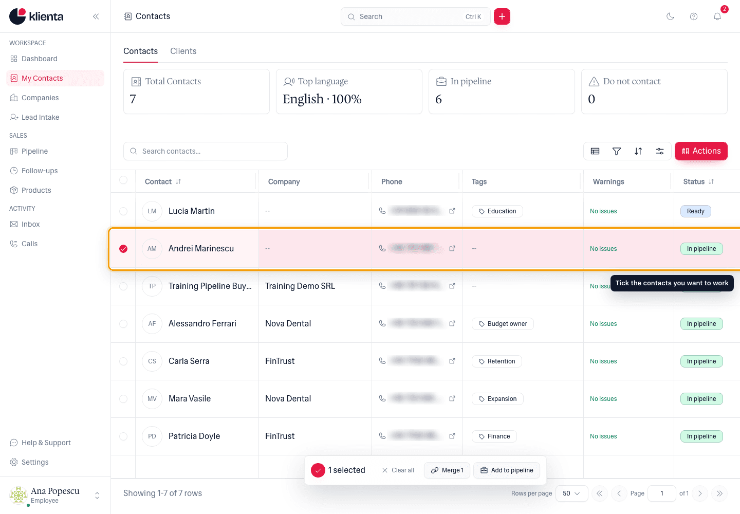 Contacts list with a contact ticked and the selection bar showing.