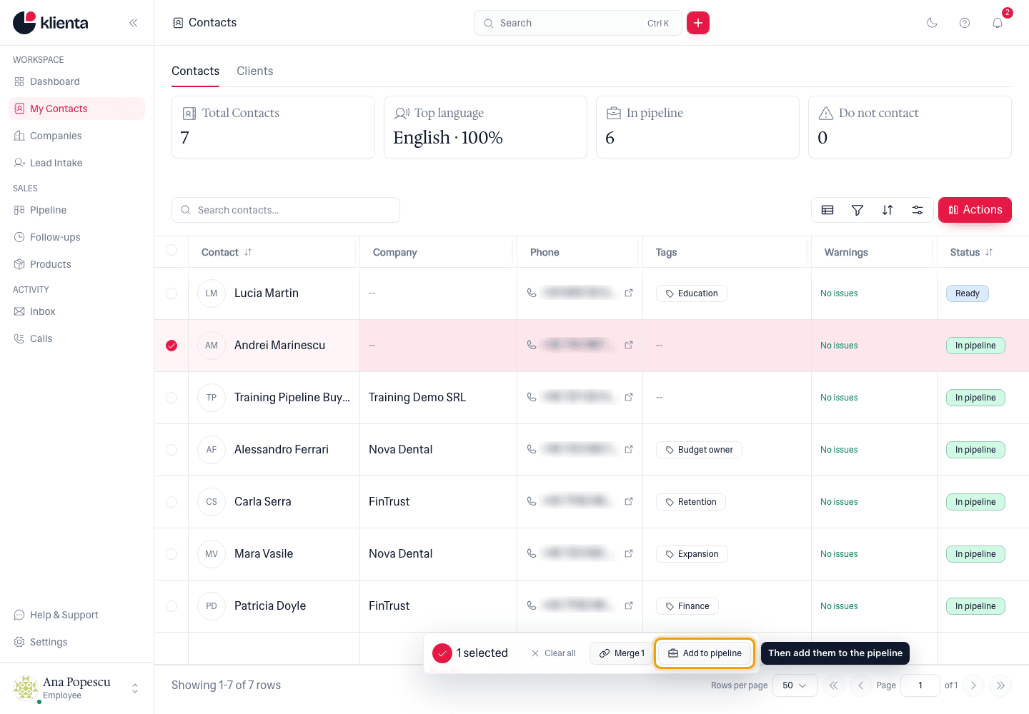 Selection bar with the Add to pipeline action highlighted.