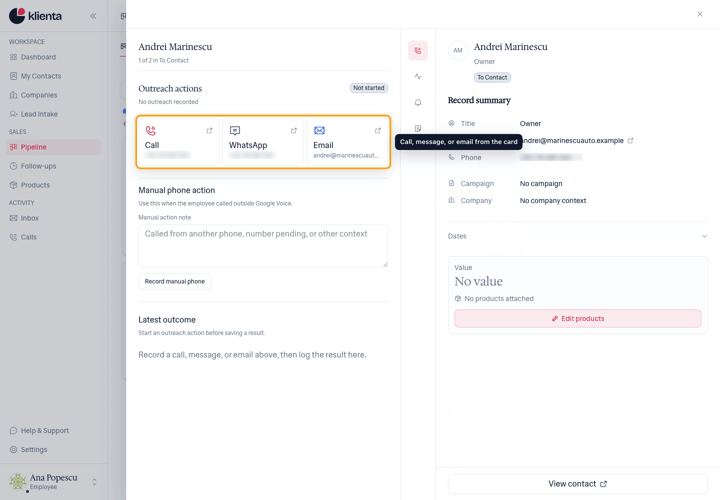 Deal panel with the call, WhatsApp and email actions highlighted.