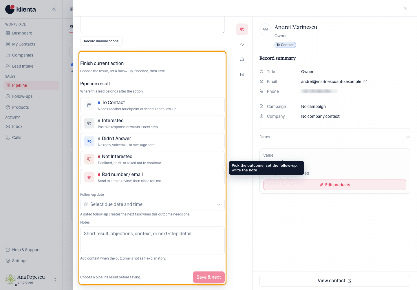 Deal panel with the latest outcome section highlighted.