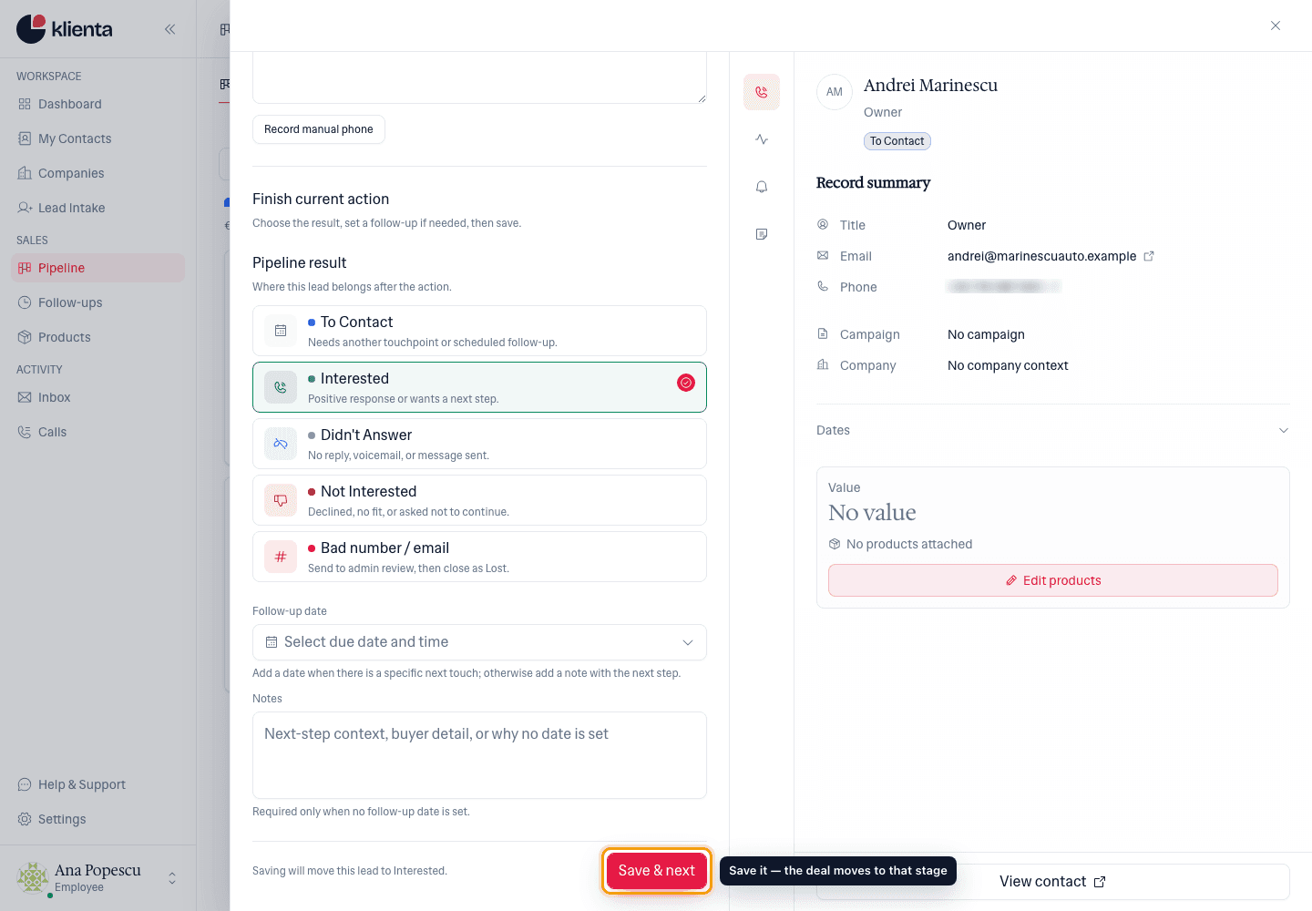 Outcome form with a result chosen and the Save and next button highlighted.