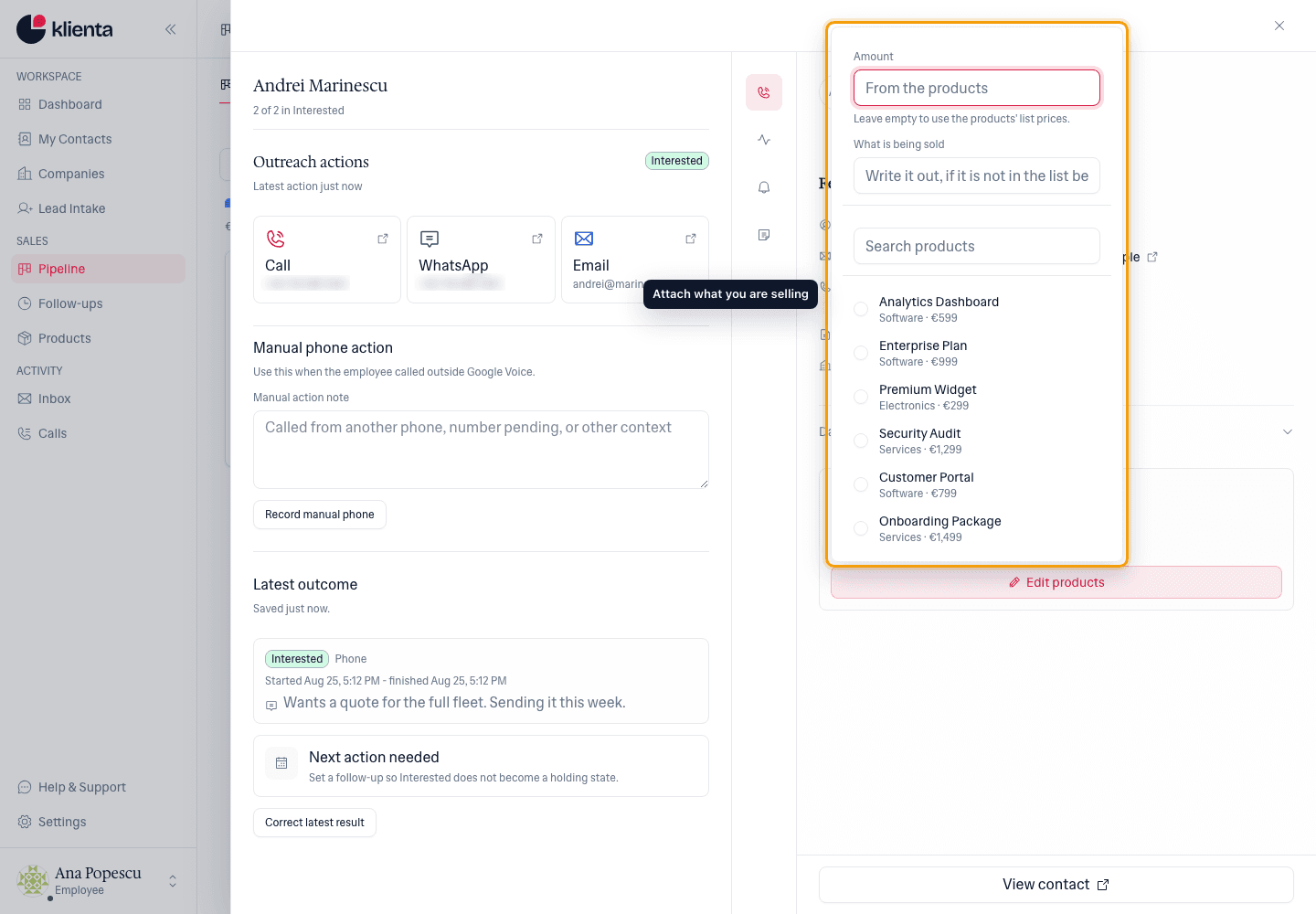 Deal panel with the product picker open, showing the catalog and prices.